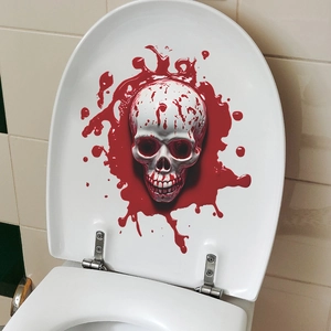 3D realistic skull and red blood splatter decal for Halloween toilet lid decoration