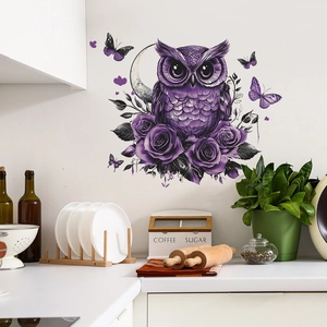Purple owl and roses wall sticker with silver moon for bedroom home decor