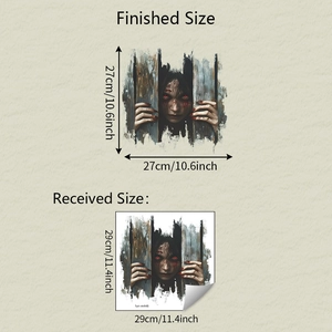 Detailed dimensions for Halloween wall sticker featuring a peeking ghost girl design