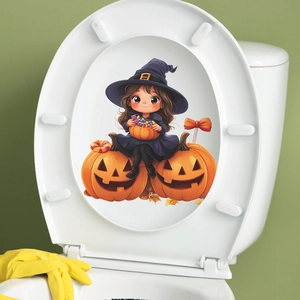 Sticker de toilette Halloween petite sorcière et citrouilles pour décoration