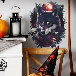 Gothisch Wilder Wolf Totenkopf Rose Wandaufkleber PVC Gruseliger Wald Blutmond Deko Aufkleber Für Halloween Schlafzimmer Wohnzimmer Dekor