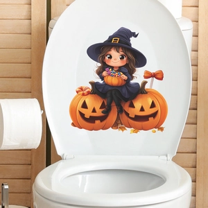 Sticker de Toilette Halloween Sorcière Citrouille Amovible PVC Dessin Animé Fille Décalcomanie Murale pour Salle de Bain Décoration