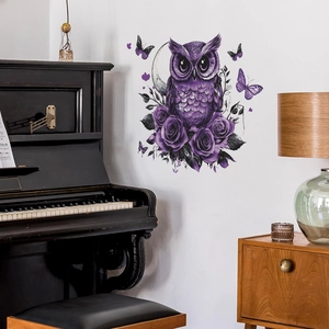 Purple owl wall sticker with blooming roses and butterflies for home wall decor