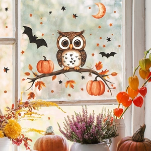 Cartoon owl, pumpkin, and bat window stickers for Halloween home and shop decoration