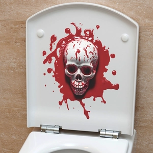 3D skull toilet lid decal with red blood splatter decoration for Halloween bathroom decor
