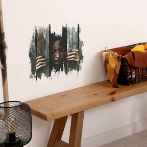 Creepy Halloween wall decal featuring a blood-stained ghost woman peeping from old wood