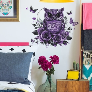 Purple owl and roses wall sticker decor for bedroom featuring butterflies and a crescent moon