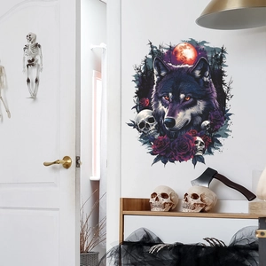 Gothic Wolf Wandaufkleber mit Totenkopf und roten Rosen für Schlafzimmer Wanddeko
