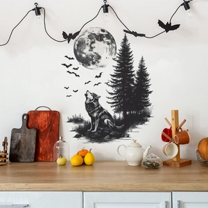 Wolf howling at moon wall decal with pine trees for minimalist home bedroom decoration
