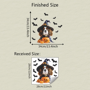 Detail showing dimensions of Halloween puppy with pumpkin and bat window stickers