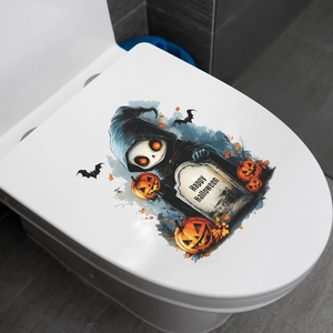 Halloween toilet lid stickers featuring ghosts, pumpkins and bats with Happy Halloween text