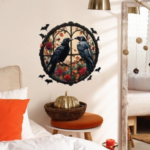 Gothic Halloween window sticker with black crows, red roses and bats for home decor