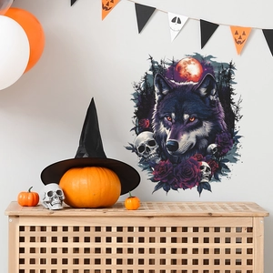 Wandtattoo mit Wolf, Totenköpfen und rotem Mond für Halloween-Wanddekoration
