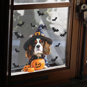 Halloween window sticker featuring a cute dog in a witch hat with pumpkins and bats