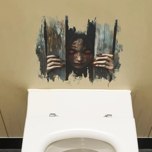 Halloween scary woman peeking from broken wood sticker for bathroom wall decor