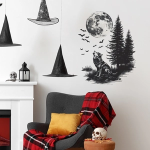Wolf howling at full moon wall sticker with pine forest and bats for Halloween decor