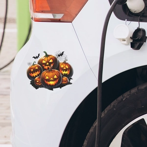 Halloween car stickers with 3D pumpkin and bat designs on white vehicle body