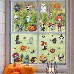 PVC Halloween Window Stickers With Skull Pumpkin Ghost Clown Bat Pattern For Glass Window Home Holiday Party Decor