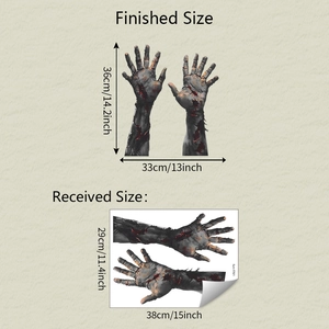Detailed size specifications for Halloween zombie arm wall stickers and glass decals