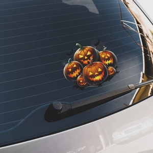 Halloween pumpkin and bat car window stickers on silver car rear glass for festive decor