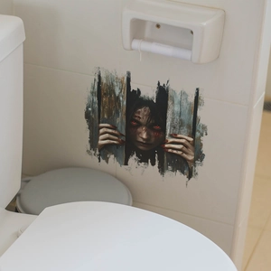 3D Halloween wall decal featuring a scary girl peeking through wooden cracks on a white wall