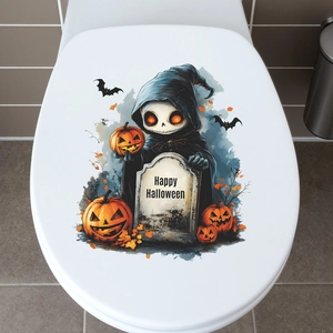 Halloween toilet seat decal featuring cute skeleton ghost pumpkin and tombstones
