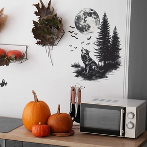 Howling wolf wall decal with moon and bats, black PVC sticker for Halloween home decor