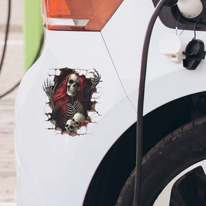3D red-haired skull car decal bursting through wall on a white vehicle surface