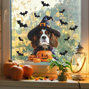 Halloween Dog Pumpkin Window Cling Static Stickers Wizard Hat Cavalier Spaniel Bats Jack-O-Lantern Holiday Home Decor