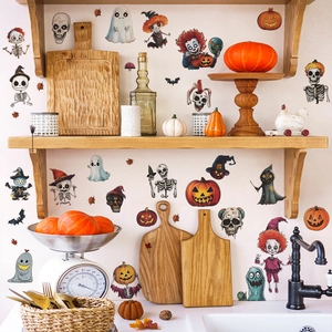 Halloween cartoon stickers set with cute pumpkins and ghosts on a kitchen wall surface