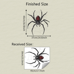 Detailed size comparison of 3D spider wall stickers for Halloween window decor