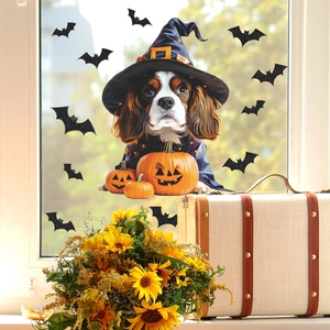 Halloween window sticker with puppy in wizard hat, pumpkin and bats for home decor