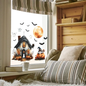 Halloween static window clings with house, bat, and ghost watercolor motifs for home decor