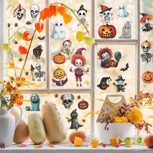 Halloween window stickers set with skull, pumpkin and ghost decals on a wooden window