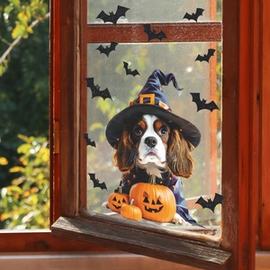 Cute Halloween window static sticker featuring a dog in wizard hat with carved pumpkins