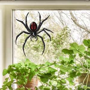 Realistic 3D spider window sticker with red markings for Halloween home decor