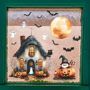 Halloween static window stickers featuring haunted house, pumpkin lanterns and ghosts