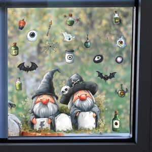 Adesivi Halloween con gnomi, pipistrelli e pozioni per decorazioni festive su vetrate