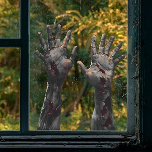 Creepy zombie hand window stickers for Halloween home decor with bloody wound details
