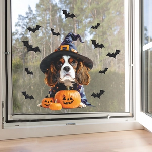 Halloween window cling featuring a cute puppy in a wizard hat with spooky pumpkin lanterns