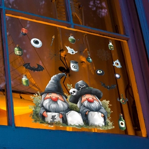 Adesivi per finestre di Halloween con gnomi cartoon, cappelli da mago, pipistrelli e ragni