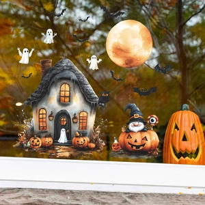 Halloween static window clings set featuring haunted house pumpkins ghosts and bats