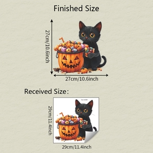 Halloween-WC-Aufkleber mit schwarzer Katze und Kürbis zeigt Endmaße und Liefergröße