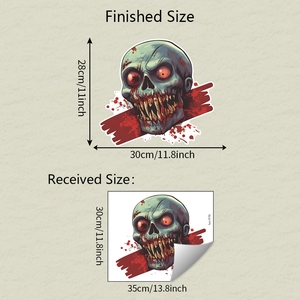 Detail showing actual size and applied wall dimensions of scary zombie skull sticker