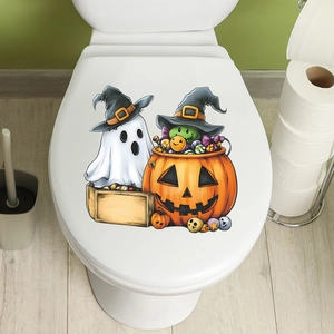 Halloween toilet lid sticker with cartoon ghosts, pumpkins and wizard hats decoration