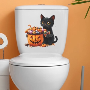 Halloween Aufkleber mit schwarzer Katze und Kürbis für die WC-Dekoration im Bad