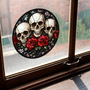 Halloween skull and red roses stained glass window decal for gothic home decoration