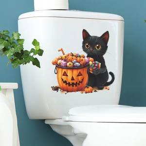Halloween WC-Aufkleber mit schwarzer Katze und Kürbis-Bonbonfass auf weißem Tank