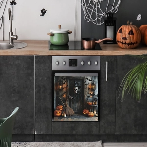 Halloween skeleton oven door sticker featuring a wizard skull and pumpkins decor