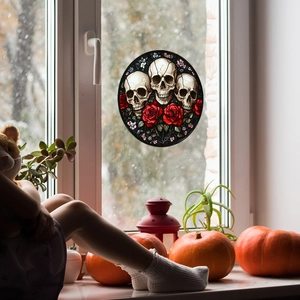 Halloween skull and red roses stained glass window decal for gothic home decor